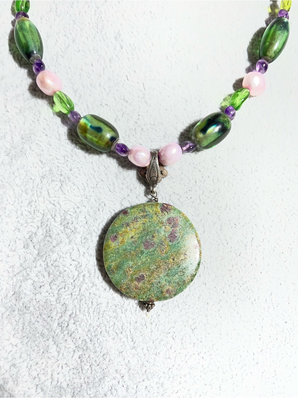 Artisan Handmade Ruby Zoisite  Pink Cultured Pearls Amethyst Beaded Necklace